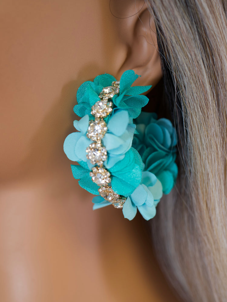 Teal Floral Crystal Hoops JW170