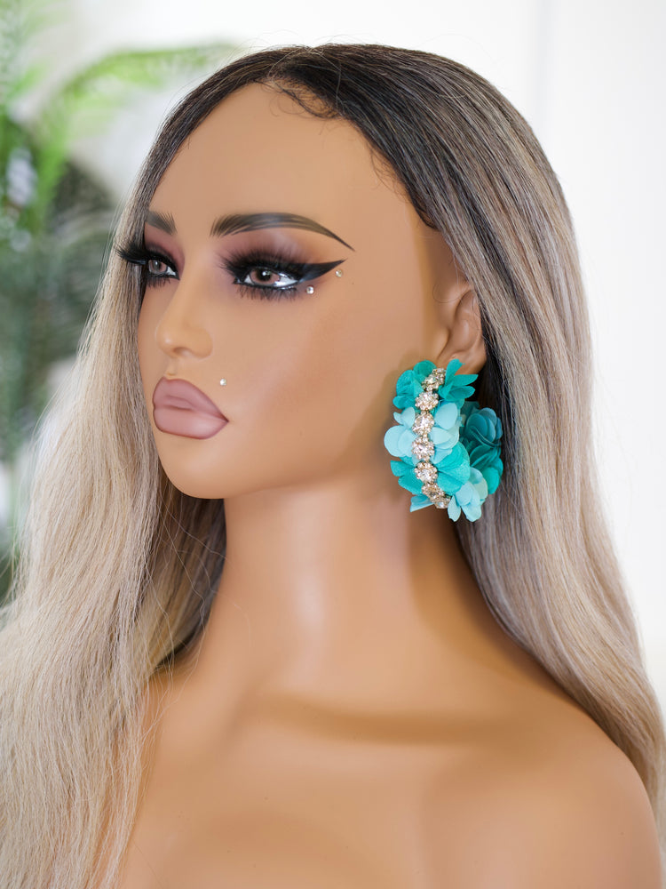 Teal Floral Crystal Hoops JW170