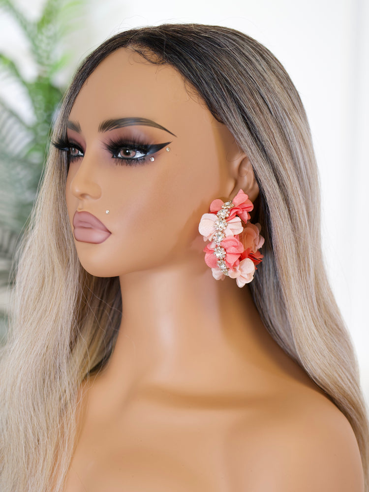 Pink Floral Crystal Hoops JW181