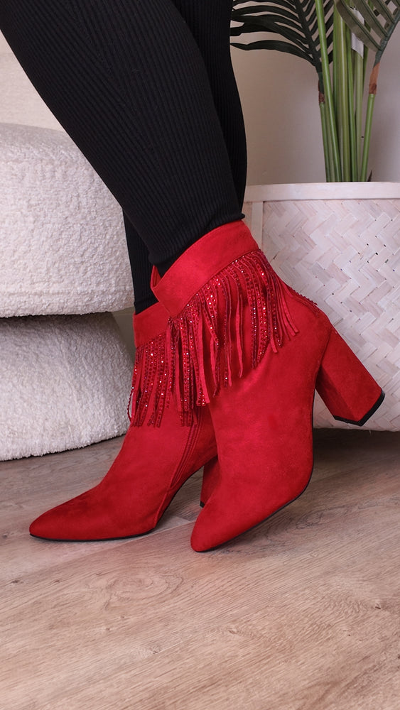 Red Crystal Fringe Boots SH21