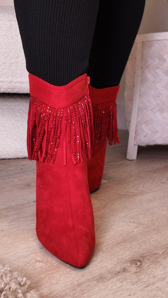 Red Crystal Fringe Boots SH21