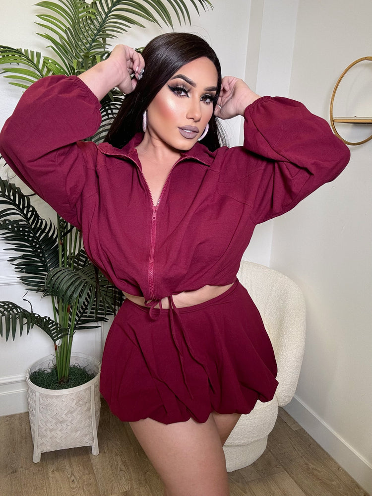 Burgundy Bubble Skirt Set CL1006