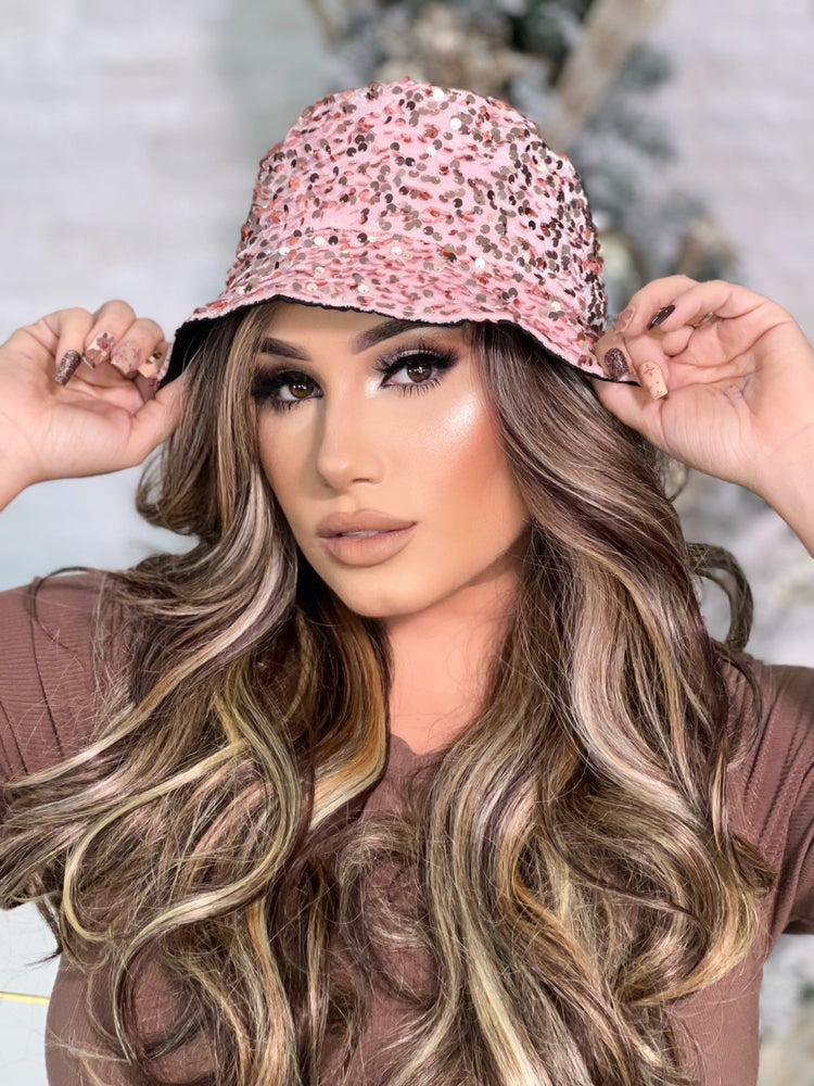 Sombrero de pescador con lentejuelas de oro rosa rosa BB596